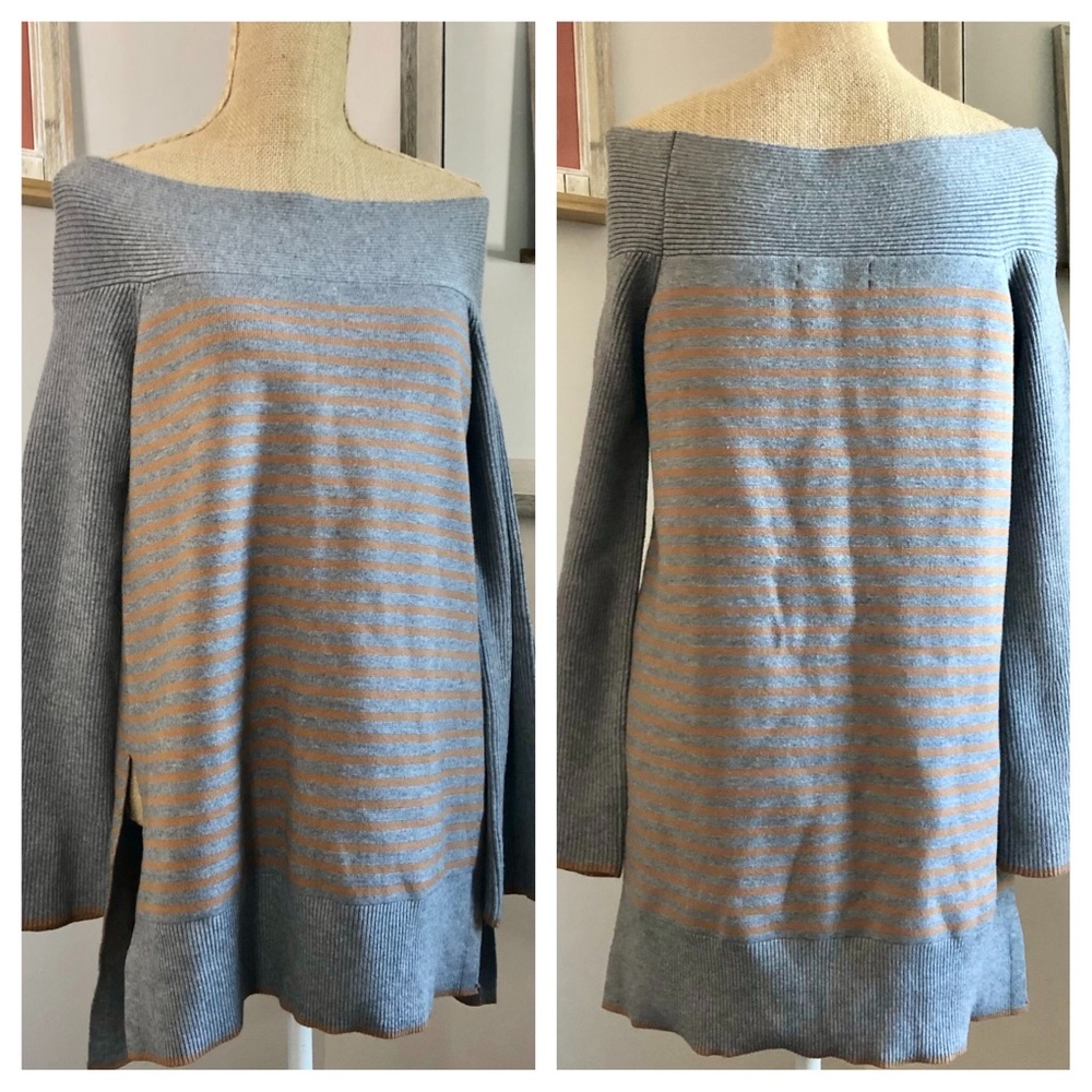 Anthropologie Gray Tan Stripe Off Shoulder Sweater - Picture 12 of 14